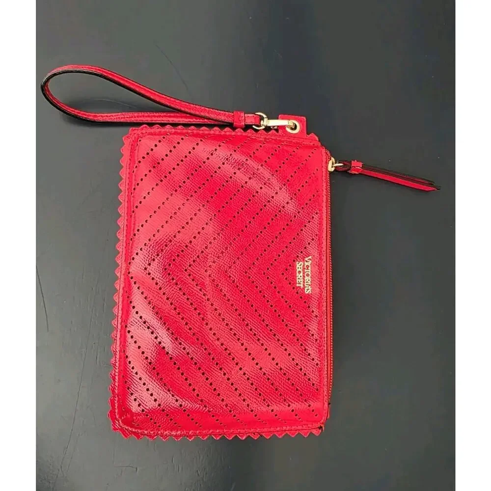 Victorias Secret Wristlet Red Clutch Purse‎ With Closure Chevron Dot Pattern